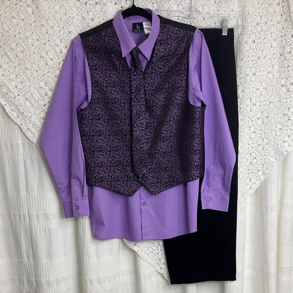 Young Kings by Steve Harvey Boys Black Suit with Purple Shirt, Vest And Tie